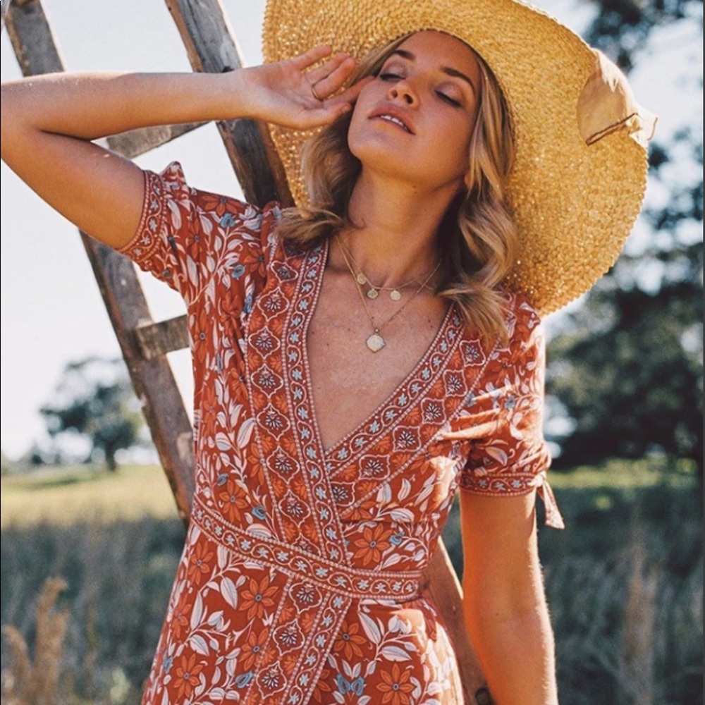 Bohemian Gypsy Floral Print Dress Tie Sleeve Slit - Picture 6 of 6